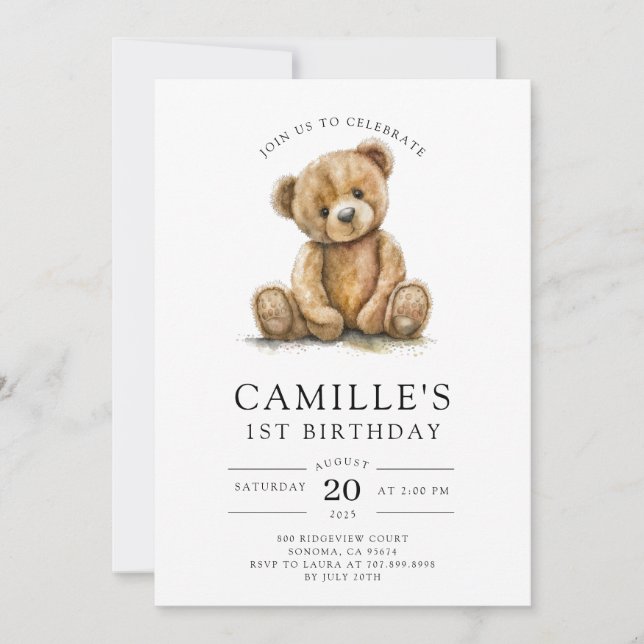 Teddybjörn flickas 1-årsdag inbjudningar (Framsida)