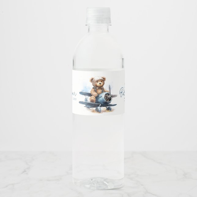 Teddybjörn Flygplan Akvarell Pojke Bebis Shower Vattenflaskor Etikett (Framsida)