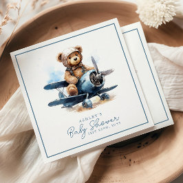 Teddybjörn flygplan vattenfärg pojke baby shower pappersservett