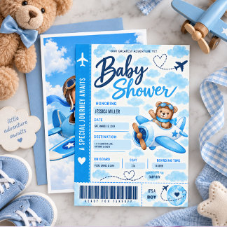 Teddybjörn Flygplans Boarding Pass Pojke Baby Show Inbjudningar
