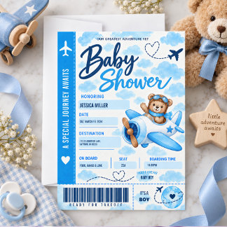 Teddybjörn Flygplans Boarding Pass Pojke Baby Show Inbjudningar