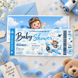 Teddybjörn Flygplans Boarding Pass Pojke Baby Show Inbjudningar