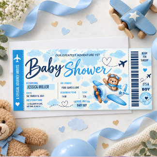 Teddybjörn Flygplans Boarding Pass Pojke Baby Show Inbjudningar