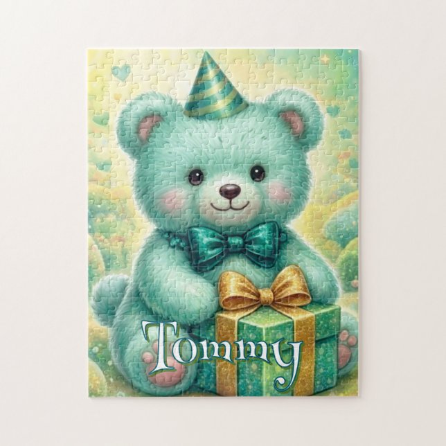 Teddybjörn födelsedag turkos mintgrön  pussel (Vertikal)