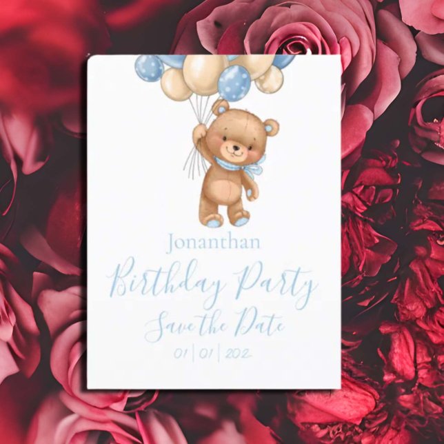 Teddybjörn födelsedagsfest Blå pojke spara datum Vykort (Pretty Watercolor Flowers Garden Baby Shower Invitation)