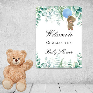 Teddybjörn för baby shower för pojke i blå eucalyp poster