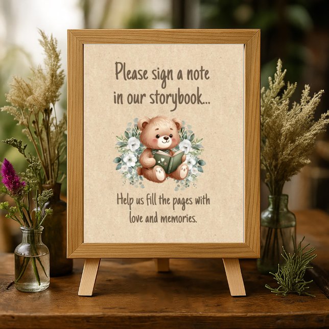 Teddybjörn Gästbok för Sagobok Poster (Storybook teddy bear baby shower "Sign our guestbook" poster)