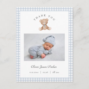 Teddybjörn Gingham Baby Pojke Födelse Tillkännagiv Vykort