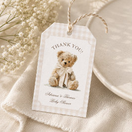 Teddybjörn Gingham Baby Shower Tack Presentetikett