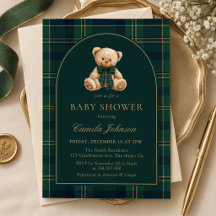 Teddybjörn Grön Rutig Baby Shower Inbjudan