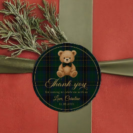 Teddybjörn Grön Tartan Baby Shower-dekal Runt Klistermärke