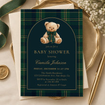 Teddybjörn Grön Tartan Bebisdopp Inbjudan
