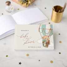 Teddybjörn, grön varmluftsballong, baby shower