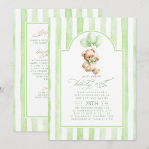 Teddybjörn Gröna Ränder Baby Shower Allt-i-ett Inbjudningar