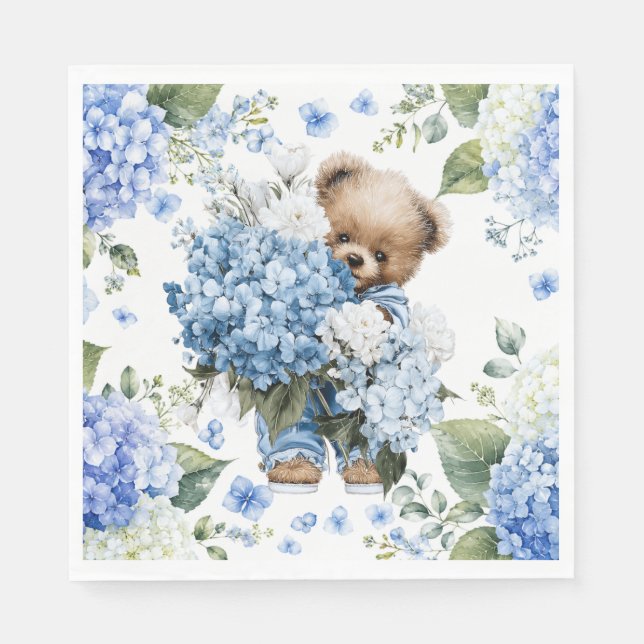 Teddybjörn håller Hydrangeablommor Pappersservett (Framsidan)