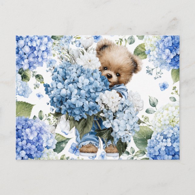 Teddybjörn håller Hydrangeablommor Vykort (Framsida)