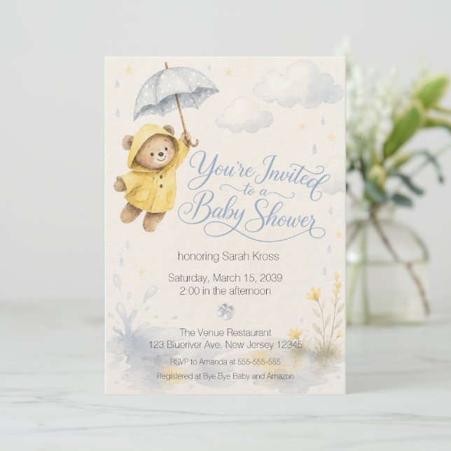 Teddybjörn i regnet Baby Shower Inbjudan  (Stående Fram)