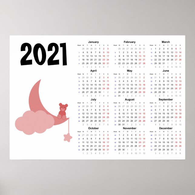 Teddybjörn Kalender 2021 Affisch - måndag start (Framsidan)