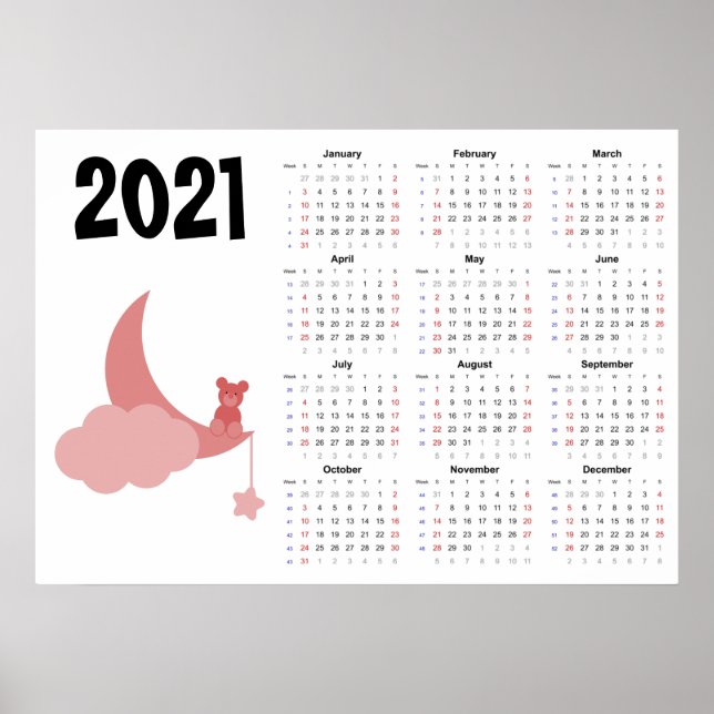 Teddybjörn Kalender 2021 Affisch - söndagsstart (Framsidan)