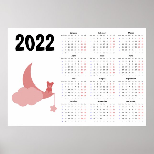 Teddybjörn Kalender 2022 Affisch - måndag start (Framsidan)