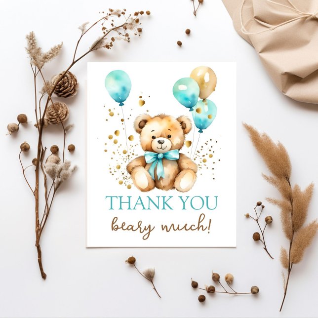 Teddybjörn knappt väntar babyshow tack (Teddy bear bearly wait baby shower thank you card ute teddy bear aqua blue ancd gold  balloons)