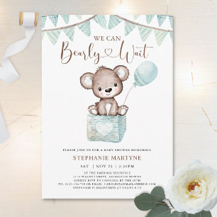 Teddybjörn knappt väntar Blå ballong Baby Shower I Inbjudningar