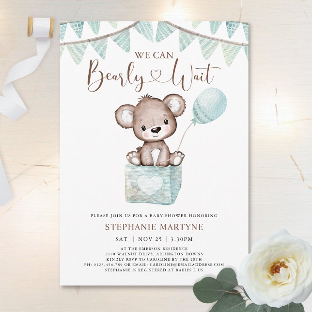 Teddybjörn knappt väntar Blå ballong Baby Shower I Inbjudningar (Skapare uppladdad)