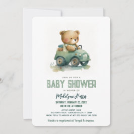Teddybjörn kör leksbils blå baby shower inbjudningar