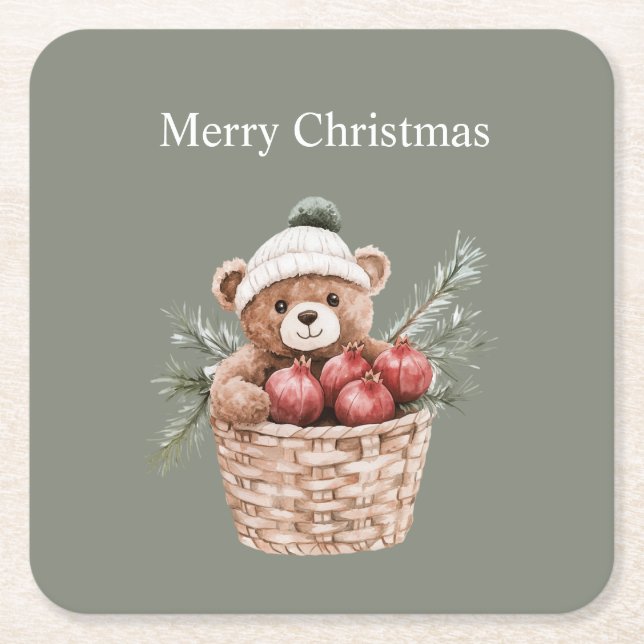 Teddybjörn korg granatäpplen jul underlägg papper kvadrat (Framsidan)