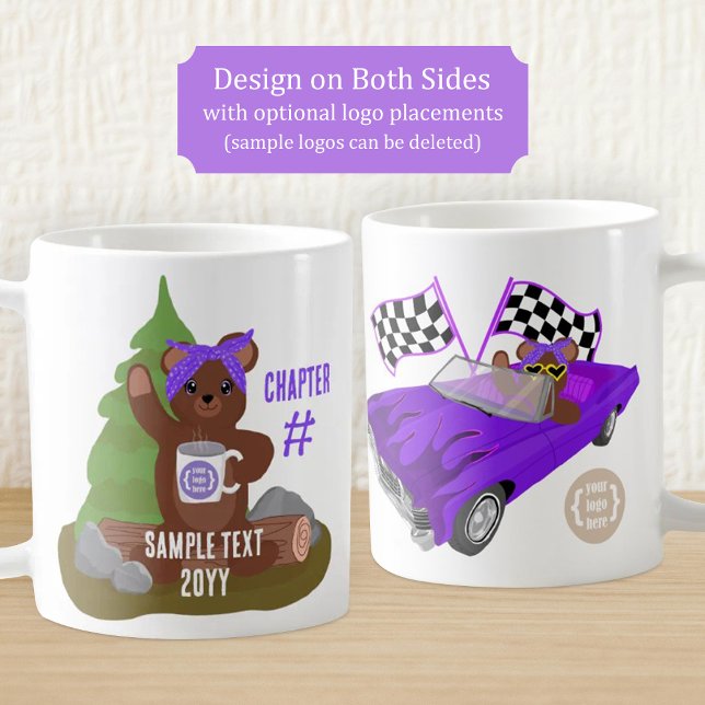 Teddybjörn, lila flickors ungdomsorganisations log kaffemugg (purple teddy bear coffee mug, for girl's sports team or youth organization, branded, logo placement)