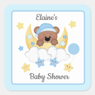 Teddybjörn Måne Moln Stjärnor Pojke Baby Shower Fyrkantigt Klistermärke