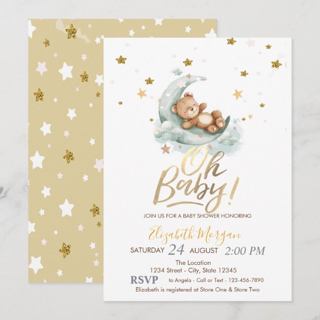 Teddybjörn Måne Stjärnor Baby Shower Inbjudningar (Fram/baksida)