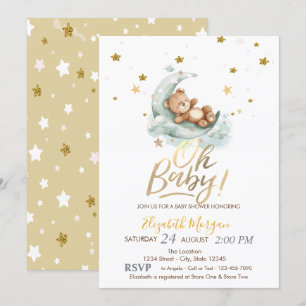 Teddybjörn Måne Stjärnor Baby Shower Inbjudningar