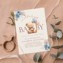 Teddybjörn med ballong Boho Blå Ros Bebis Shower