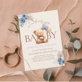 Teddybjörn med ballong Boho Blå Ros Bebis Shower Inbjudningar