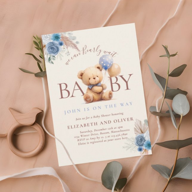 Teddybjörn med ballong Boho blå ros Bebisens dag Inbjudningar (Skapare uppladdad)