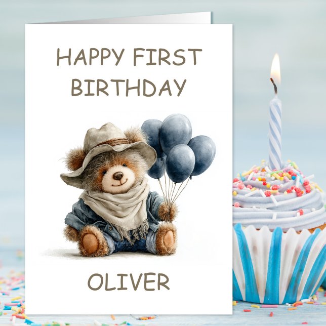Teddybjörn med ballonger 1-årsdag kort (Skapare uppladdad)