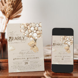 Teddybjörn med ballonger Neutral baby shower Inbjudningar