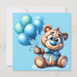 Teddybjörn med blå ballong Baby shower-inbjudan Inbjudningar
