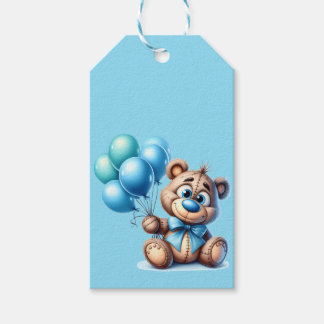Teddybjörn med blå ballonger Baby Shower Presentetikett