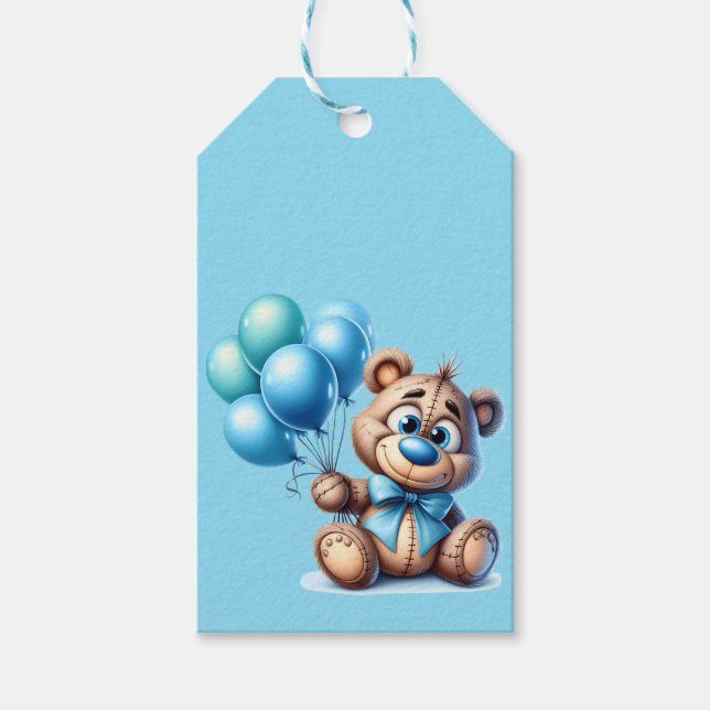 Teddybjörn med blå ballonger Baby Shower Presentetikett (Framsidan)