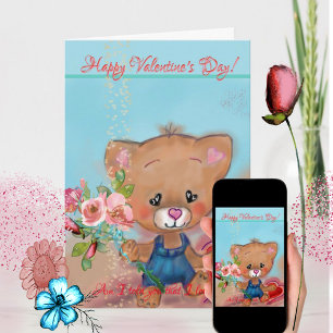 Teddybjörn med blommor Alla hjärtans dag-kort Helgkort