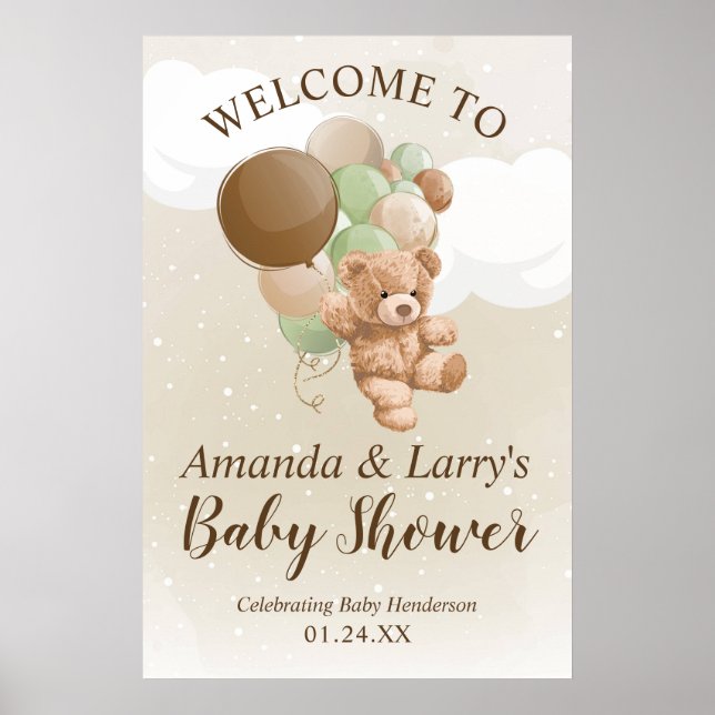 Teddybjörn med gröna och bruna ballonger välkommen poster (Framsidan)
