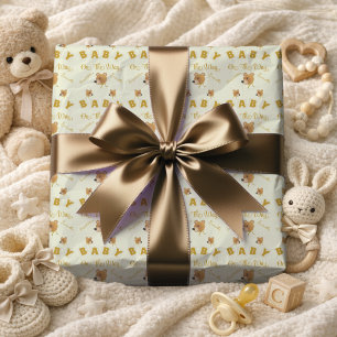 Teddybjörn med guldkrämtext Baby Shower Presentpapper