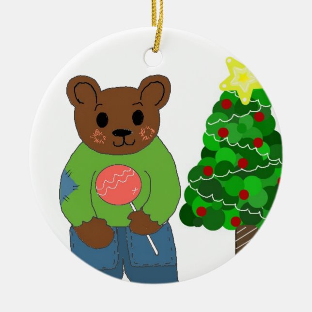 Teddybjörn med julgran julgransprydnad keramik (Framsidan)