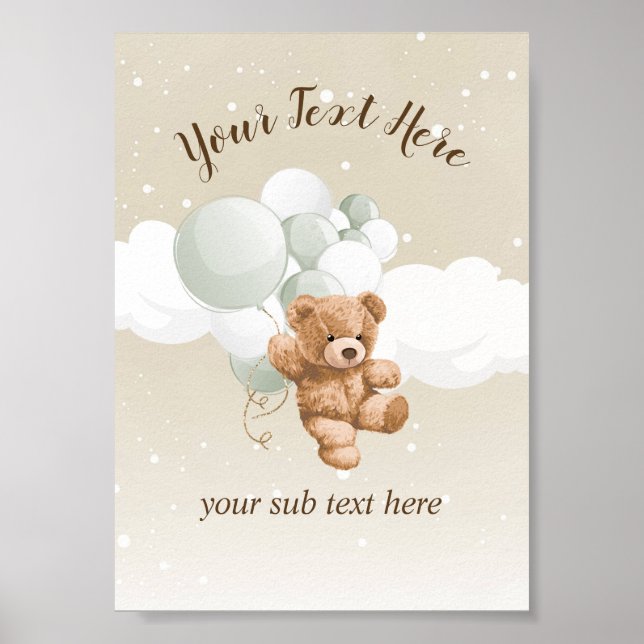 Teddybjörn med Sage-ballonger Bordsskylt Poster (Framsidan)
