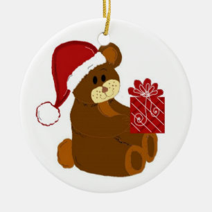 Teddybjörn med tomteluva och röd present julgransprydnad keramik