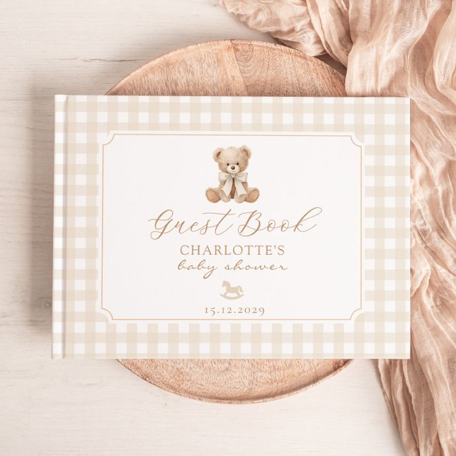 Teddybjörn Neutral Gingham Barnkalas Gästböcker (Skapare uppladdad)