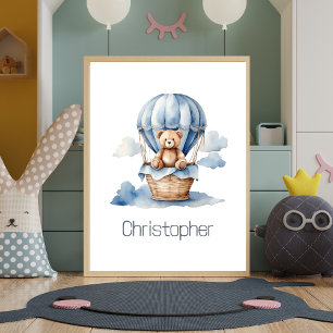 Teddybjörn Nurserieskylt Varm luftballong Blå Baby Poster