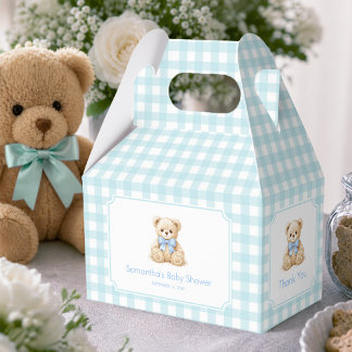 Teddybjörn och blå gingham-kontroll baby shower fö presentaskar